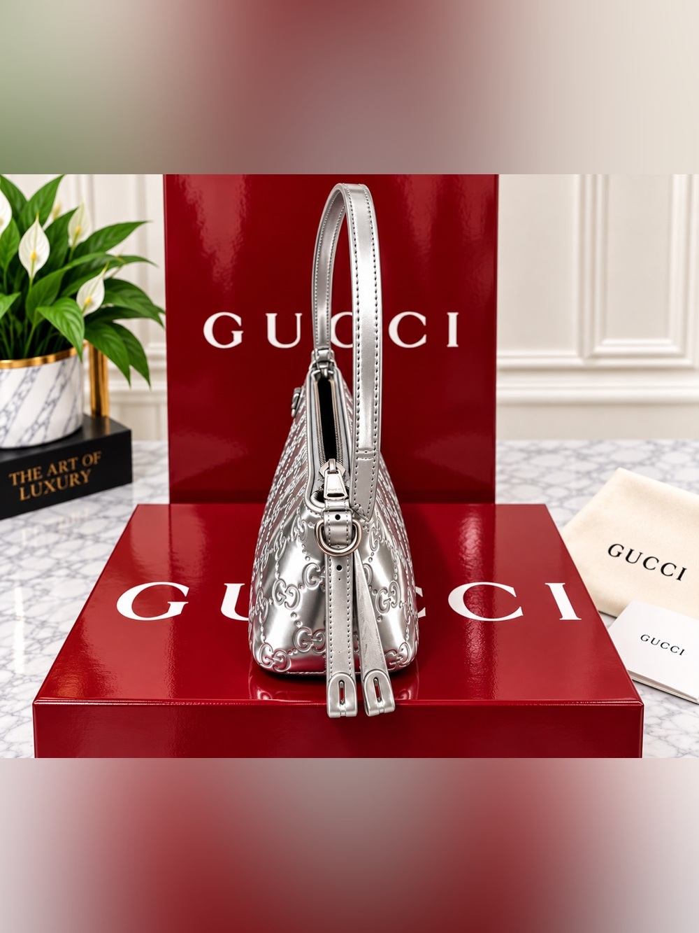 Gucci Metallic Silver GG-Embossed Shoulder Bag - Picture 4 of 10